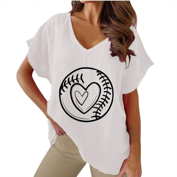 Summer Casual Linen Tops for Women July 4th Print Oversized Fit V Neck Short Sleeve T Shirts Loose Festive Tees (Large, White 03)