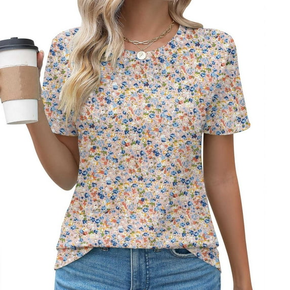 Summer Casual Loose Round Neck Chiffon Flowy Tops Blouses for Women, Limited Time, Under 10 Dollars WX0001