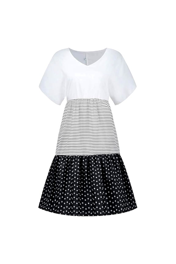 Summer Casual Loose Stripe Dot Mini Dresses for Women Patchwork Fashion V-Neck Short Sleeves Beach Daliy Party Plus Size Sun Dress