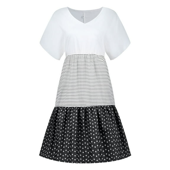 Summer Casual Loose Stripe Dot Mini Dresses for Women Patchwork Fashion V-Neck Short Sleeves Beach Daliy Party Plus Size Sun Dress