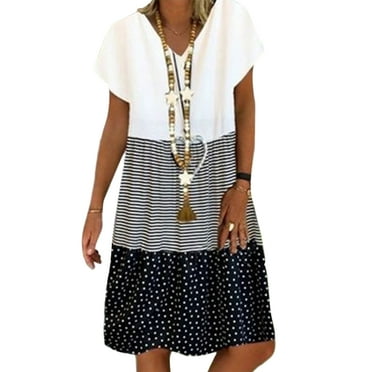 Summer Casual Loose Stripe Dot Mini Dresses for Women Patchwork Fashion V-Neck Short Sleeves Beach Daliy Party Plus Size Sun Dress