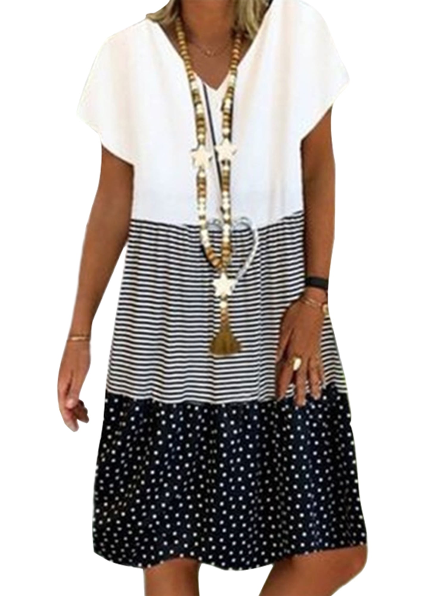 Summer Casual Loose Stripe Dot Mini Dresses for Women Patchwork Fashion V-Neck Short Sleeves Beach Daliy Party Plus Size Sun Dress