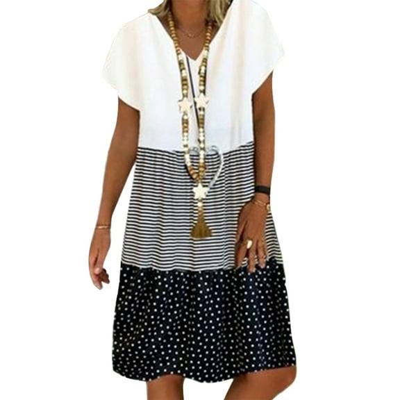 Summer Casual Loose Stripe Dot Mini Dresses for Women Patchwork Fashion V-Neck Short Sleeves Beach Daliy Party Plus Size Sun Dress