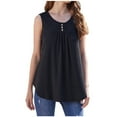 thumbnail image 1 of Summer Casual Loose Tank Tops for Women O Neck Buttons Pleated Solid Loungewear Flowy Tees Black,S, 1 of 6