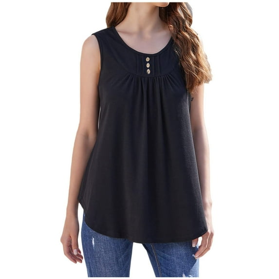Summer Casual Loose Tank Tops for Women O Neck Buttons Pleated Solid Loungewear Flowy Tees Black,S