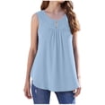 thumbnail image 1 of Summer Casual Loose Tank Tops for Women O Neck Buttons Pleated Solid Loungewear Flowy Tees Blue,2XL, 1 of 6