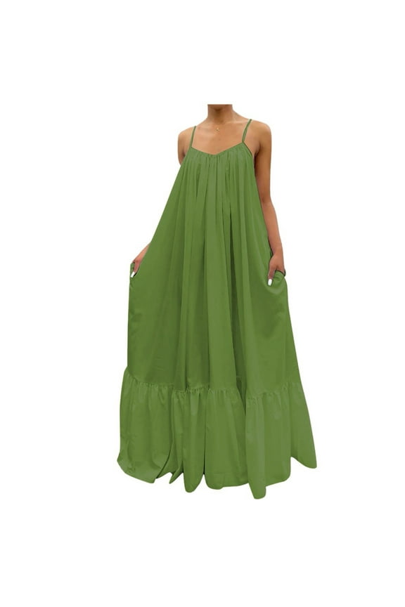 Summer Casual Maxi Dresses for Women Sleeveless Tiered Sun Dresses Loose Pleated Flowy Beach Vacation Long Dress