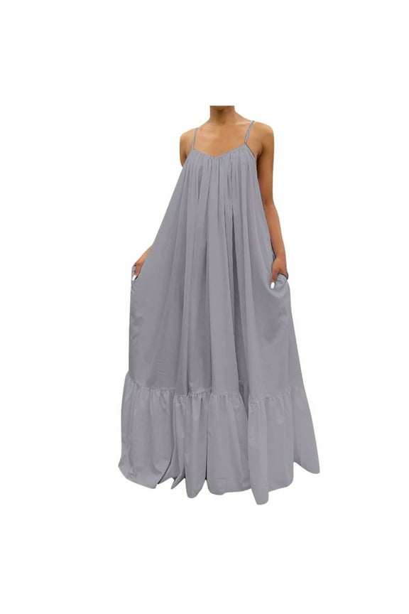 Summer Casual Maxi Dresses for Women Sleeveless Tiered Sun Dresses Loose Pleated Flowy Beach Vacation Long Dress