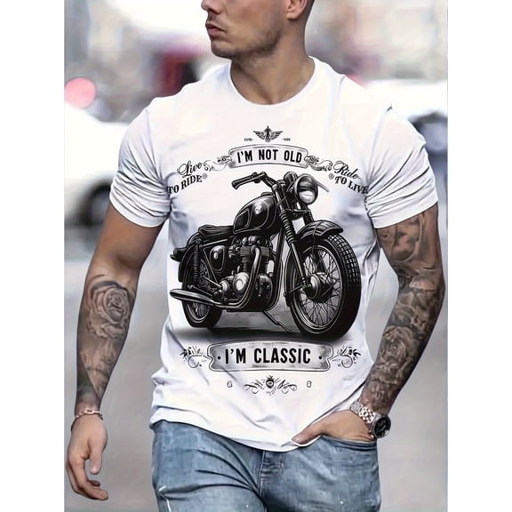 Summer Casual Men's 3D Digital Retro Motorcycle Pattern and "I'M NOT OLD I'M CLASSIC" Print Short Sleeve Crew Neck T-Shirt, Father's Day Gift - Boyfriend Gift--Stylish Summer Top for Outdoo