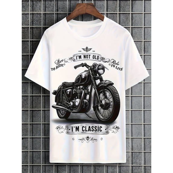 Summer Casual Men's Short Sleeve Tees Vintage Style Motorcycle Print and "I'M NOT OLD I'M CLASSIC" Graphic Tshirt Menwear