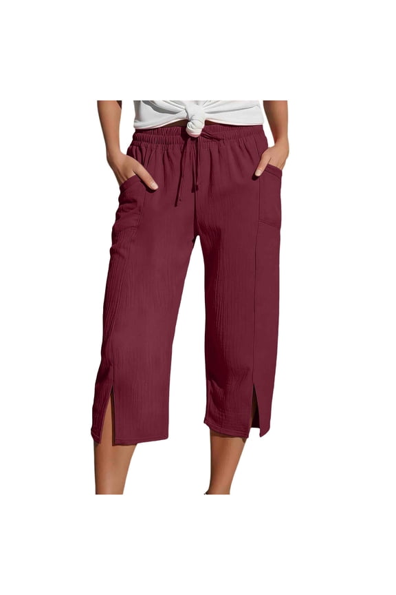 Summer Casual Pants Double Layered Crinkled Cotton Linen Llend with Drawstrings and Slits at the Ankles For Shorter Women/Regular/Tall