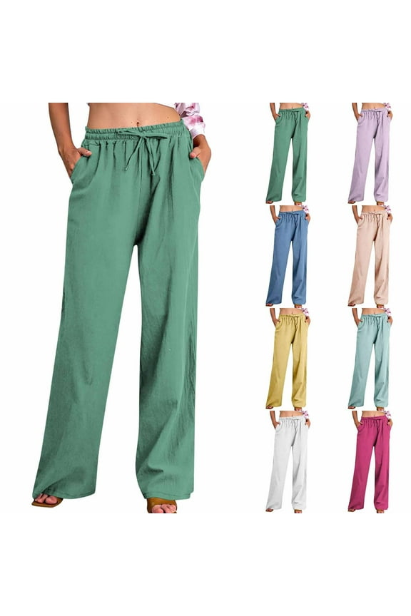 Summer Casual Pants for Women Elastic High Waisted Cotton Linen Palazzo Pants Solid Color Loose Fit Daily Baggy Pants with Pockets Hot Pink Pant,Size S-3XL