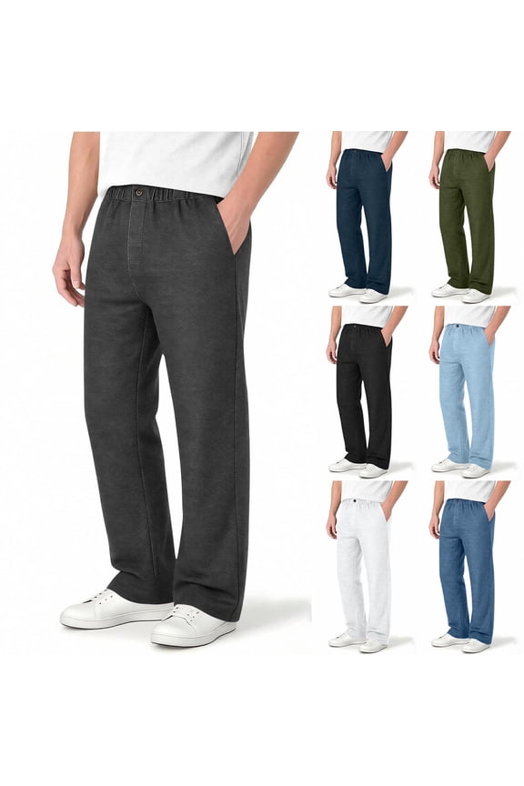 Summer Casual Pants for Men Elastic Waist Faux Jeans Straight Leg Denim Look Pants Business Casual Loose Trousers with Pockets