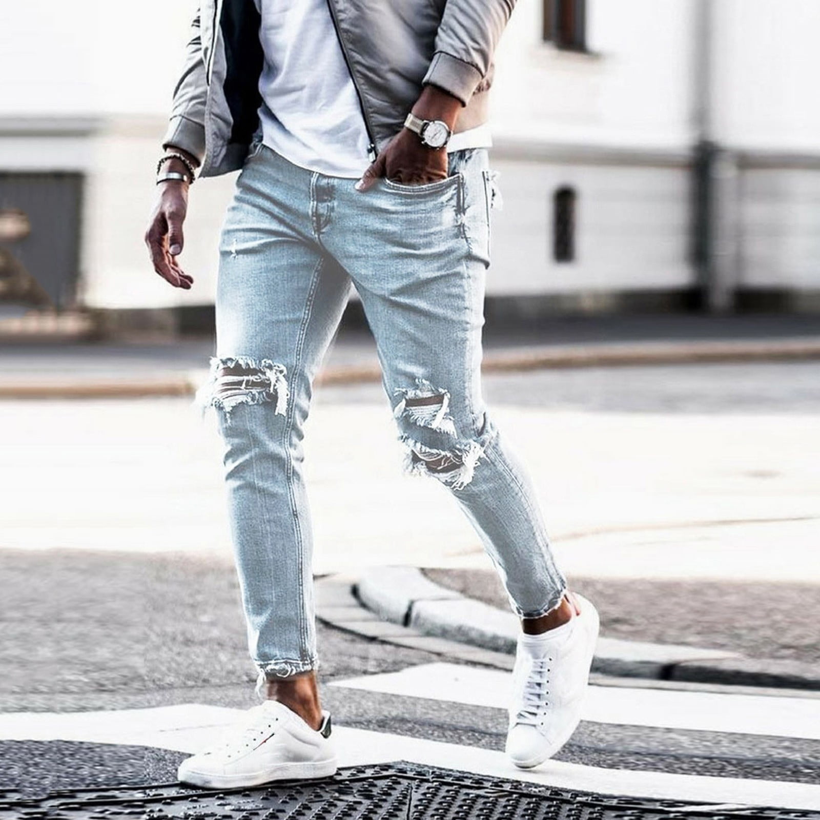Slim Fit Ripped Jeans Men's Casual Street Style Stretch - Temu United  Kingdom