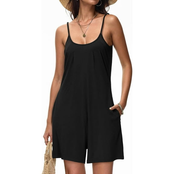 Summer Casual Rompers For Women 2024 Loose Comfy Short Jumpsuits Sleeveless One Piece Beach Jumpers With Pockets