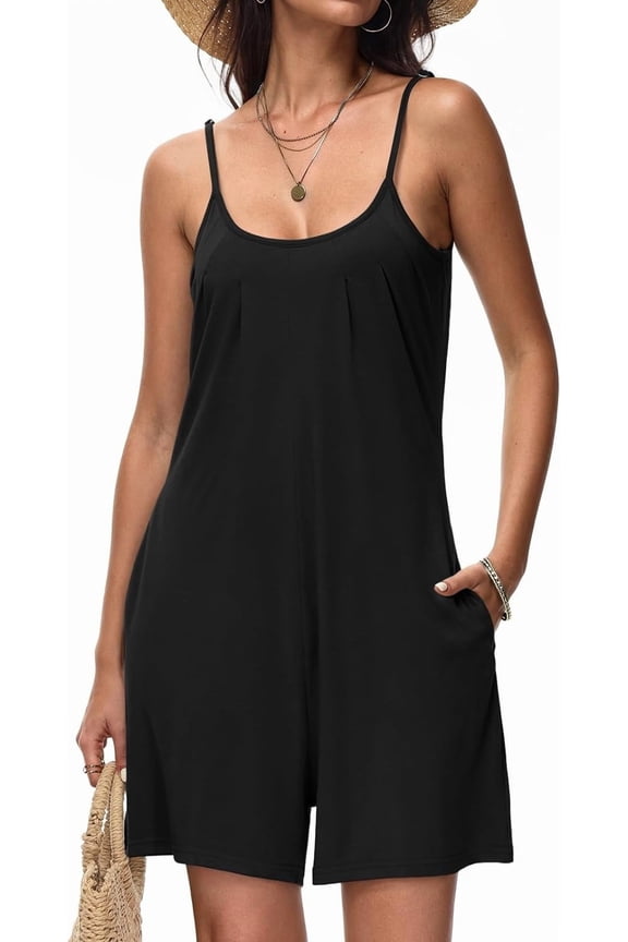 Summer Casual Rompers For Women 2024 Loose Comfy Short Jumpsuits Sleeveless One Piece Beach Jumpers With Pockets