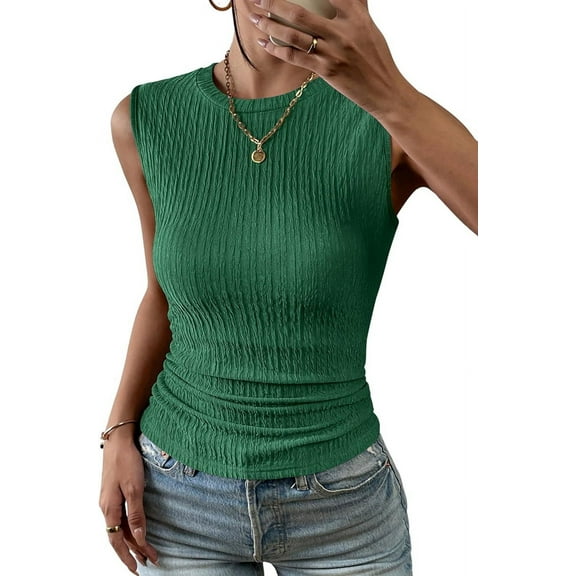 Summer Casual Round Neck Ribbed Knit Slim Fit Basic Textured Sleeveless Top Green M