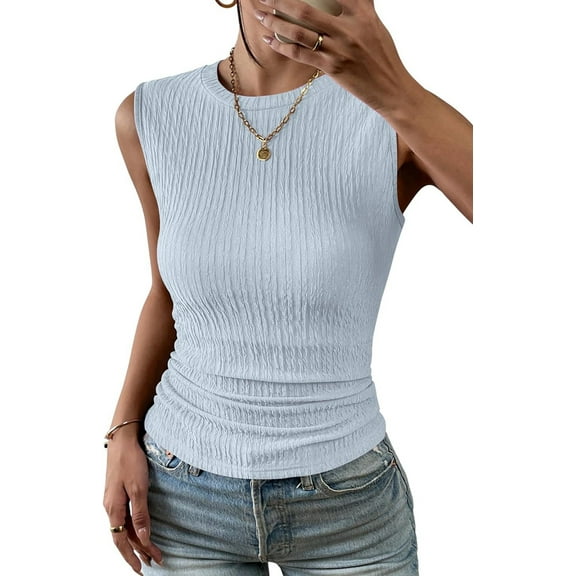 Summer Casual Round Neck Ribbed Knit Slim Fit Basic Textured Sleeveless Top Light Blue L