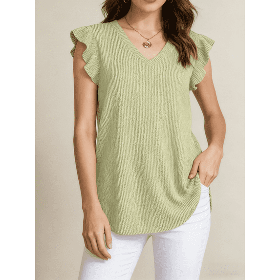 Summer Casual Ruffle Sleeve V-Neck Ribbed Blouse For Women