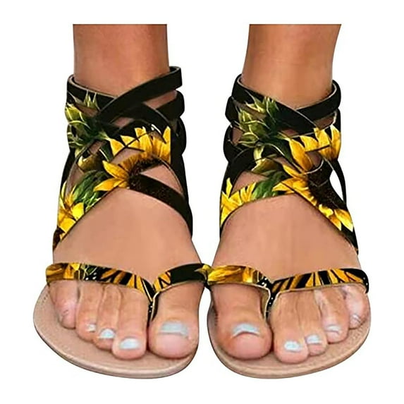 Summer Casual Sandals for Women, Retro Bohemian Gladiator Sandals Flat Clip-Toe Flip-Flops Beach Sandals Shoes T-Strap Roman Open-Toe Sandals