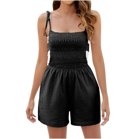 Summer Casual Shorts Rompers for Women Cutout Wide Leg Smocked Jumpsuit Self-Tie Backless Womens Cute Going Out Outfits, Black, XXL