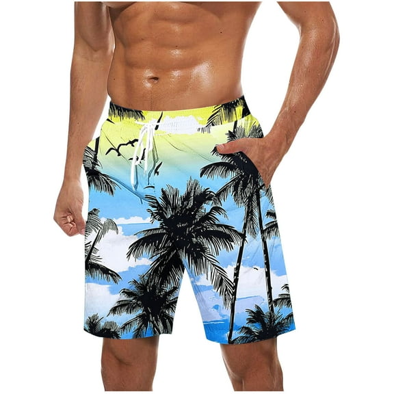 Summer Casual Shorts for Men Elastic Waist Drawstring Shorts Athletic Beach Floral Print Shorts with Pockets
