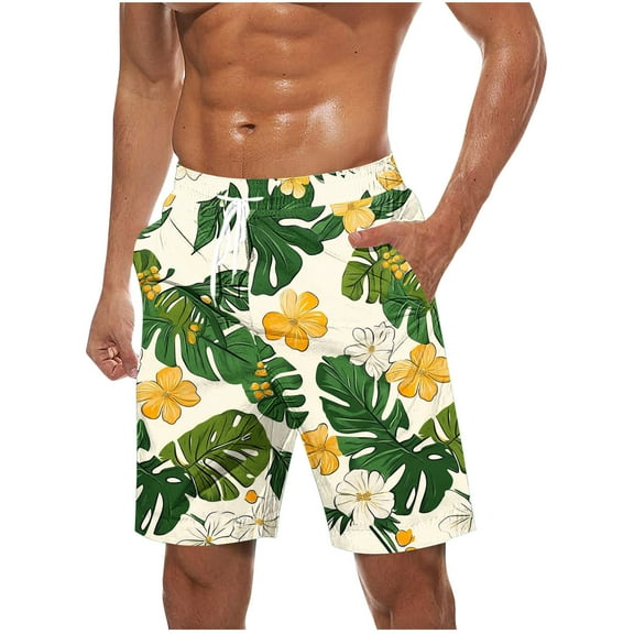 Summer Casual Shorts for Men Elastic Waist Drawstring Shorts Athletic Beach Floral Print Shorts with Pockets
