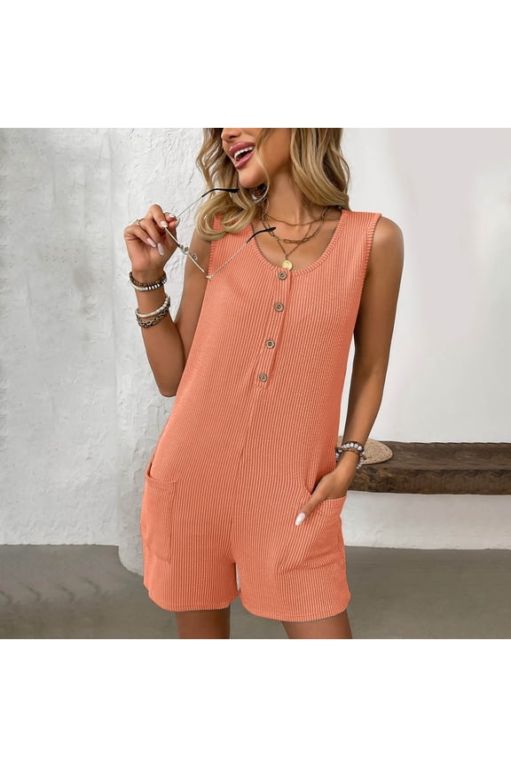 Summer Casual Sleeveless Ribbed Romper for Women Button Down Short Jumpsuit with Pockets Loose Fit Overall Shorts Outfit Orange, Size M