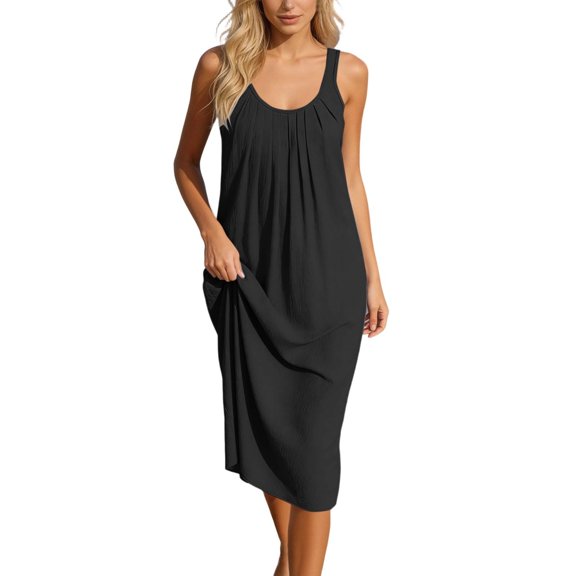 Summer Casual Sleeveless Solid Color Dress For Comfortable Flowy A Line Day Dress With Side Slits Solid Color Ladies Dress Soft Daily Dress For Women Black S