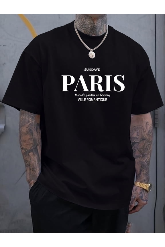 [Summer Casual Sporty T-Shirt] " Paris " Creative Print Summer Casual T-Shirt Short Sleeve For Men, Sporty Leisure Style, Fashion Crew Neck Top For Daily Wear