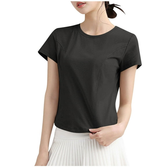 Summer Casual T-Shirts for Women Cotton Short Sleeve Workout Crop Tops Crew Neck Base Tees Plain Tshirts (2XL, Black)