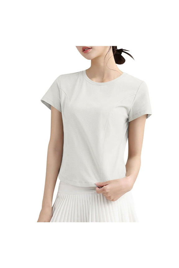 Summer Casual T-Shirts for Women Cotton Short Sleeve Workout Crop Tops Crew Neck Base Tees Plain Tshirts (L, White)