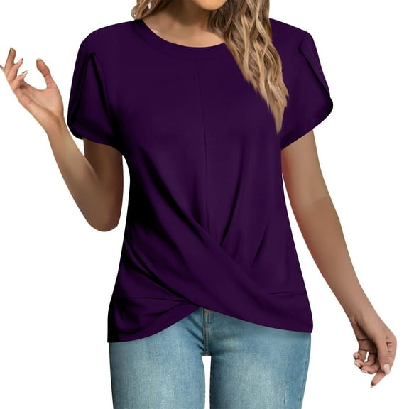 Summer Casual T-Shirts for Women Crewneck Short Sleeve Tee Solid Dressy Tops