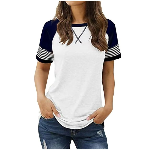 Summer Casual T Shirts for Women Soft Cotton Crew Neck Color Block Raglan Short Sleeve Tunic Tops Loose Fit (Medium, White)