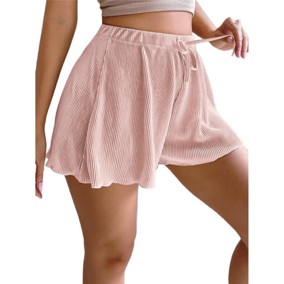 Summer Casual Tie Front Lettuce Trim Ribbed Knit Shorts High Waist Women'S Shorts Pale Pinkish Gray L