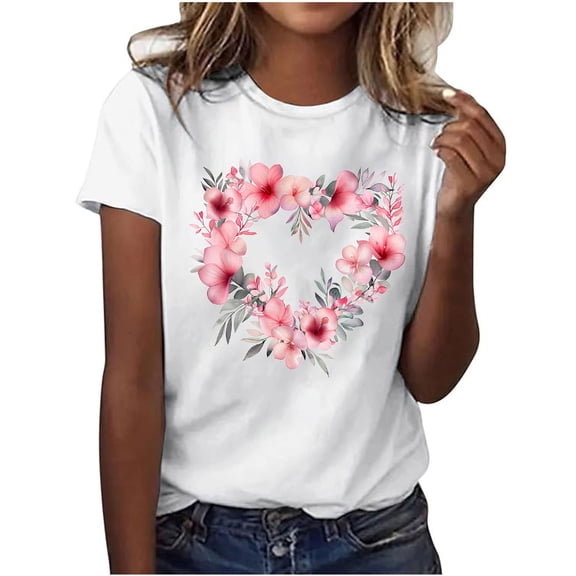 Summer Casual Tshirts for Women Loose Fit Crewneck Floral Printed Basic Tees Short Sleeve Tops Pullover T Shirt (2XL, Pink)