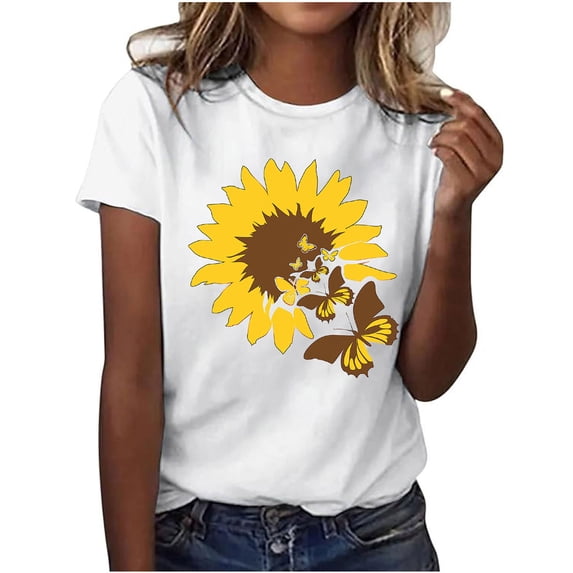 Summer Casual Tshirts for Women Loose Fit Crewneck Floral Printed Basic Tees Short Sleeve Tops Pullover T Shirt (2XL, Yellow 01)