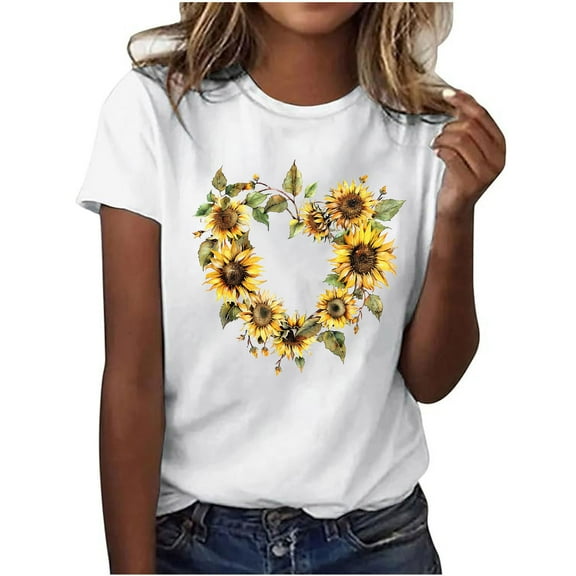 Summer Casual Tshirts for Women Loose Fit Crewneck Floral Printed Basic Tees Short Sleeve Tops Pullover T Shirt (2XL, Yellow 02)