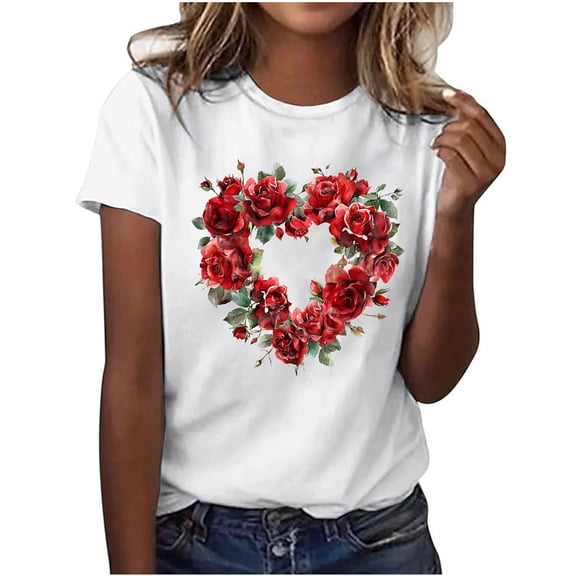 Summer Casual Tshirts for Women Loose Fit Crewneck Floral Printed Basic Tees Short Sleeve Tops Pullover T Shirt (3XL, Red 01)