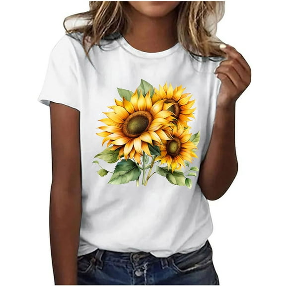 Summer Casual Tshirts for Women Loose Fit Crewneck Floral Printed Basic Tees Short Sleeve Tops Pullover T Shirt (L, Yellow 04)