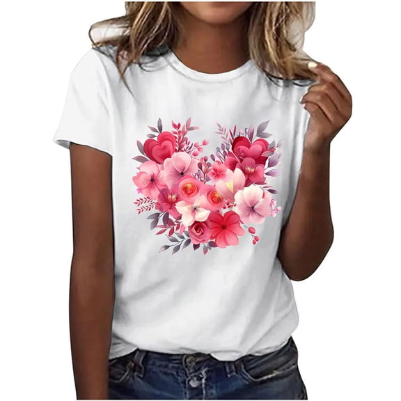 Summer Casual Tshirts for Women Loose Fit Crewneck Floral Printed Basic Tees Short Sleeve Tops Pullover T Shirt (M, Hot Pink)