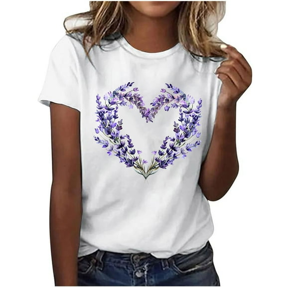 Summer Casual Tshirts for Women Loose Fit Crewneck Floral Printed Basic Tees Short Sleeve Tops Pullover T Shirt (XL, Purple 01)