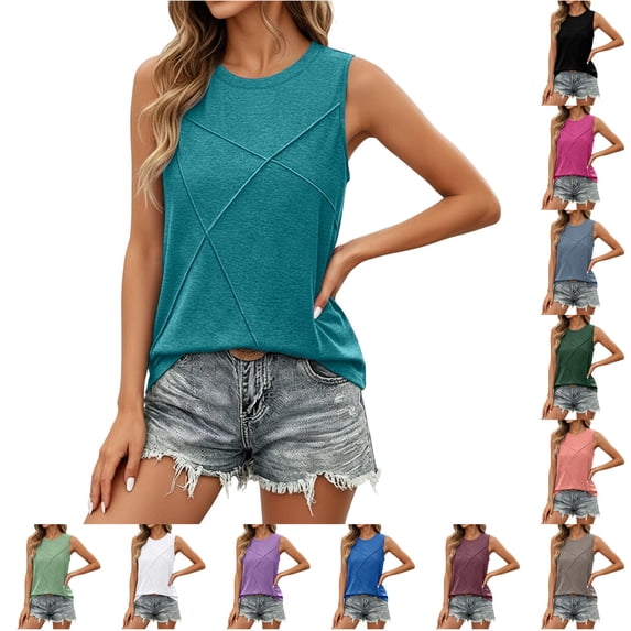 Summer Casual V Neck Sleeveless Blouse Loose Fit Pure Color Basic Tank Top and S