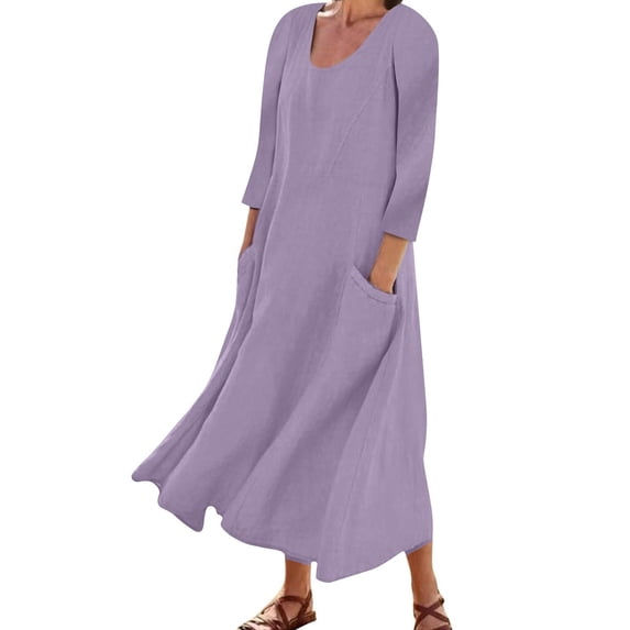 XFHLMJFF Summer Casual Women Dress 3/4 Sleeve O-Neck Loose Boho Dress With Pockets Solid Color Sundress Leisure Female Outwear