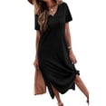 thumbnail image 1 of Summer Casual Women V-Neck Solid Color Side Slit Dress With Pocket, 1 of 4
