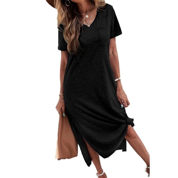 Summer Casual Women V-Neck Solid Color Side Slit Dress With Pocket