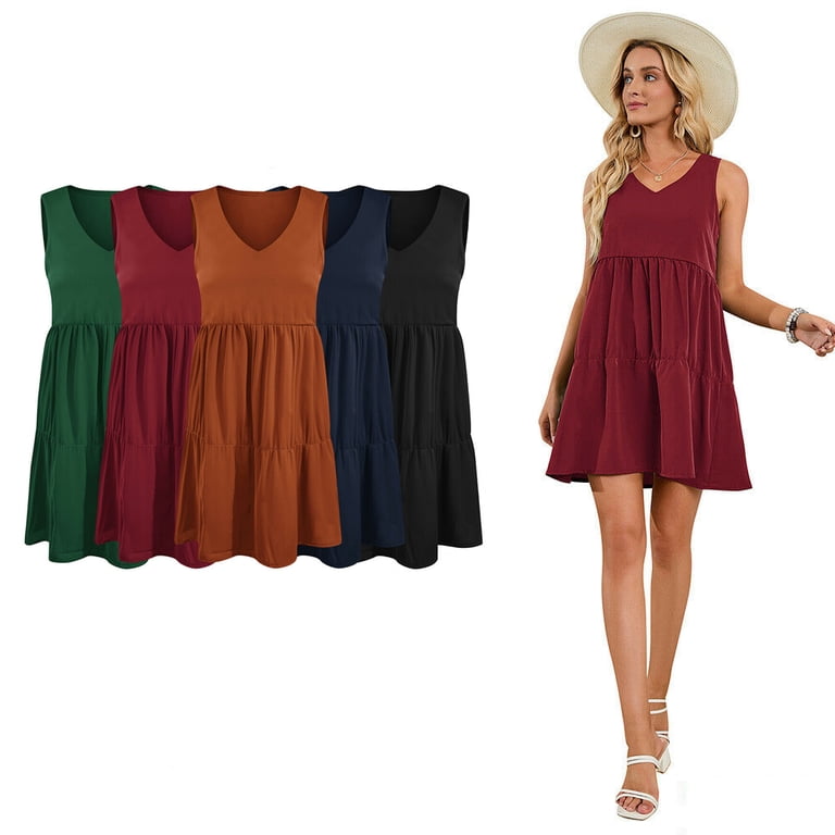 Summer Casual Womens Dresses, Cute Sleeveless V Neck Beach Dress Loose Fit  Mini Dress Short Flowy Pleated Swing Dress - Walmart.com