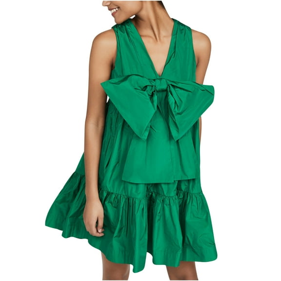 Summer Casual Womens Dresses Cute Sleeveless V Neck Bowknot Front Beach Dress Loose Fit Flowy Ruffle Swing Sun Dress