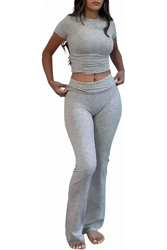 Summer Casual Workout Two Piece Outfits for Women High Waist Foldover Flare Pants Tracksuit Sets Streetwear