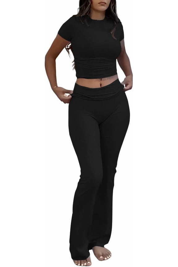 Summer Casual Workout Two Piece Outfits for Women High Waist Foldover Flare Pants Tracksuit Sets Streetwear